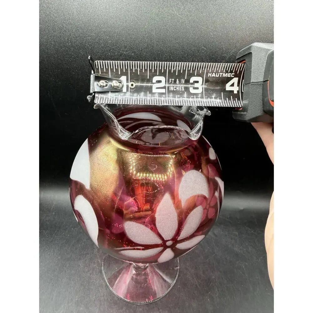 Cranberry Flower Rose Bowl Vase Glass Etched Pedestal Ruffled Rim Vintage